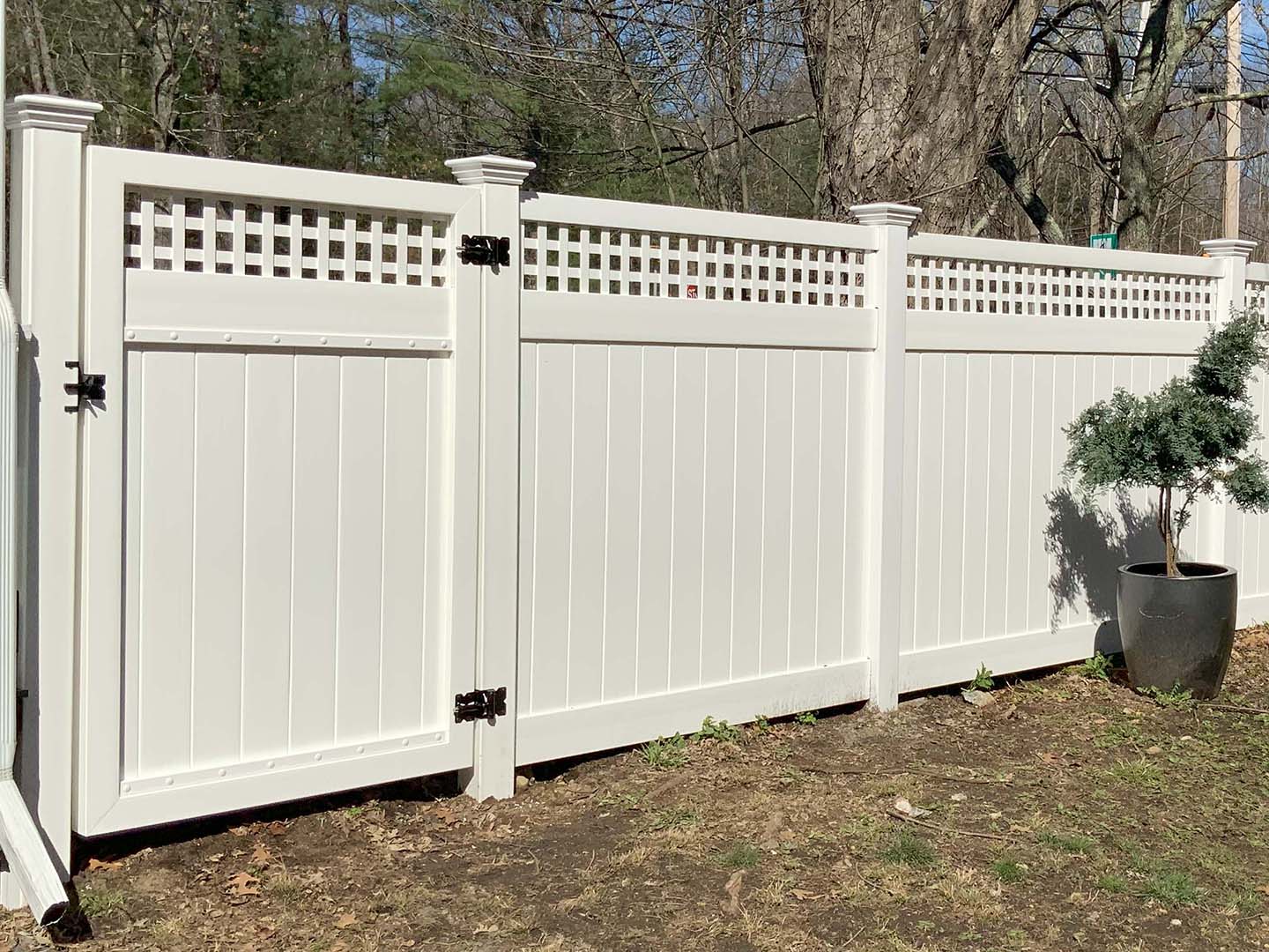 Tewksbury MA White Semi-Privacy Vinyl Fence With Lattice Top and Single Walk Gate